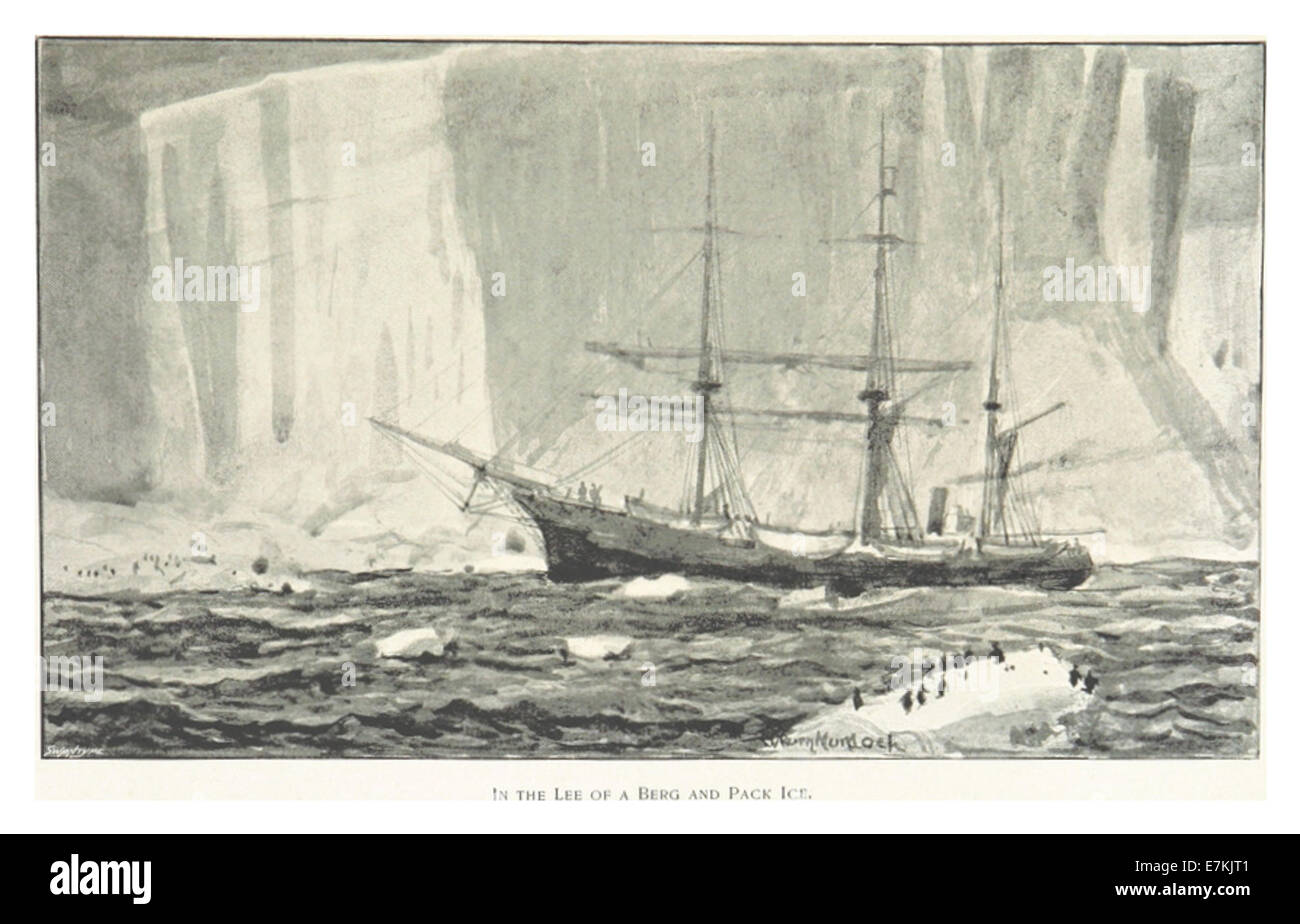 Diese Illustration von Bull aus dem Jahr 1896 zeigt eine Szene im lee eines Eisbergs, umgeben von Packeis, die die rauen Bedingungen der Forscher in den Polarregionen während des späten 19. Jahrhunderts erfasst. Stockfoto