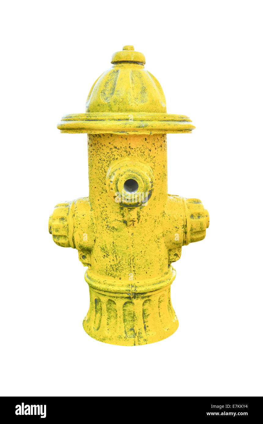 Gelbe Hydranten isoliert auf weiss Stockfoto