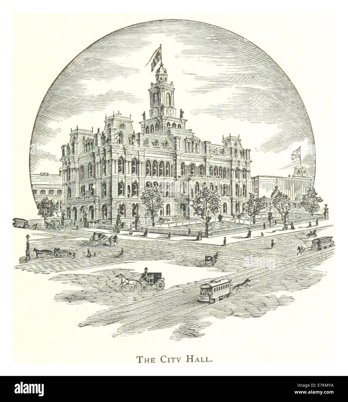 Diese Illustration von Farmer aus dem Jahr 1884 zeigt das Rathaus von Detroit, das in den 1880er Jahren erbaut wurde und den architektonischen Stil dieser Zeit und seine Bedeutung als städtisches Wahrzeichen in der Stadt zeigt. Stockfoto