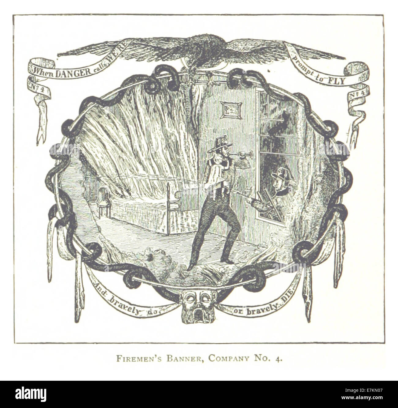 Eine Illustration aus dem Jahr 1884, die das Banner der Feuerwehrfirma Nr. 4 in Detroit zeigt. Das Banner zeigt die Identität der Feuerwehr, ein Schlüsselsymbol für die örtlichen Freiwilligen im 19. Jahrhundert. Stockfoto