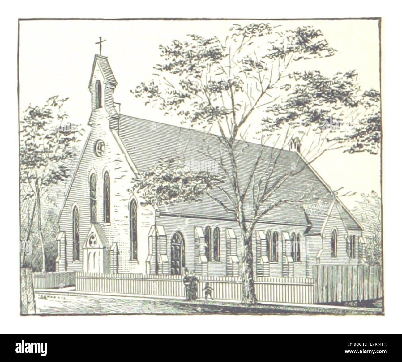 Diese Zeichnung von Farmer aus dem Jahr 1884 zeigt die katholische Kirche unserer Lieben Frau der Hilfe in Detroit und zeigt ihre architektonischen Merkmale und Bedeutung innerhalb der religiösen Landschaft der Stadt. Stockfoto