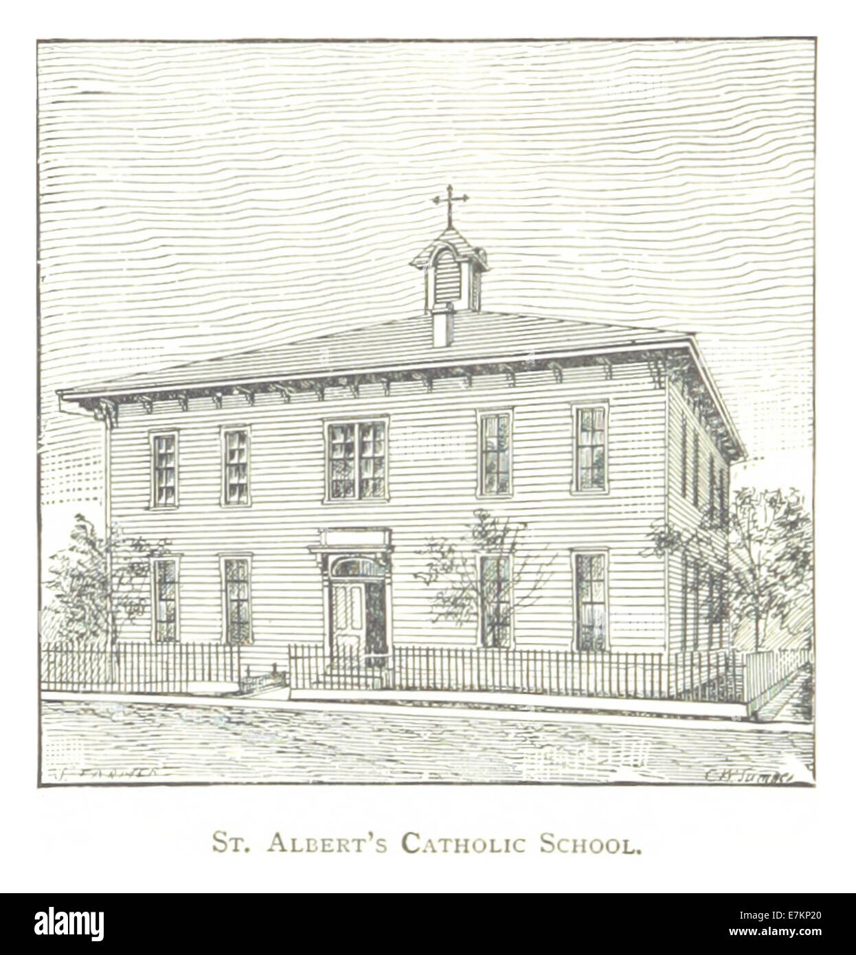 Diese Illustration von Farmer aus dem Jahr 1884 zeigt die St. Albert's Catholic School in Detroit und zeigt die architektonische und soziale Bedeutung der Institution zu dieser Zeit. Stockfoto