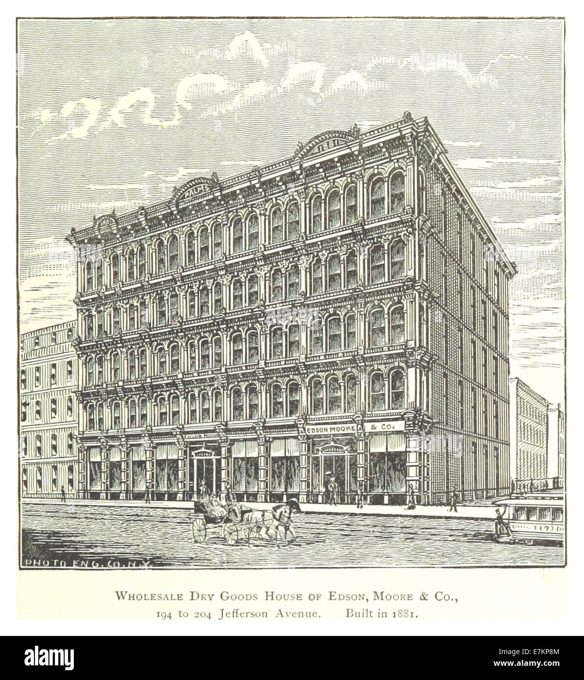 Bauer (1884) Detroit, p 833 GROSSHANDEL CHEMISCHE WAREN HAUS VON EDSON, MOORE & Co 194 BIS 204 JEFFERSON AVENUE. Gebaut im Jahr 1881 Stockfoto