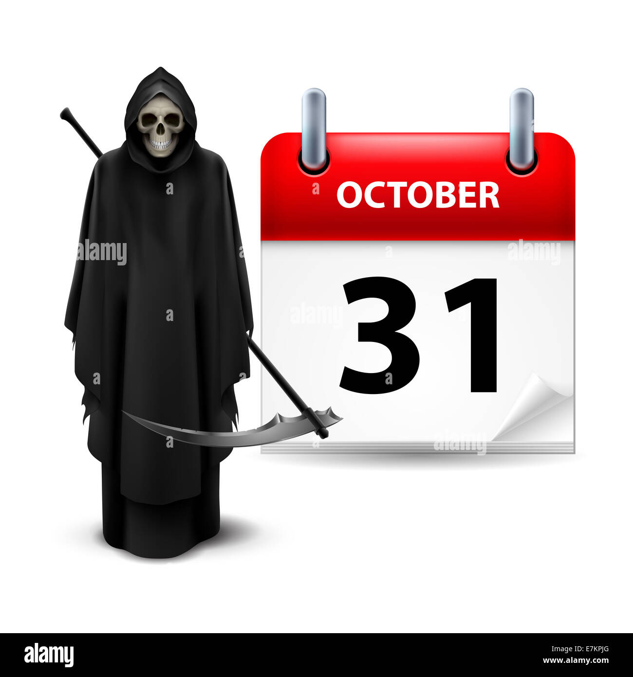 Halloween-Konzept mit Grim Reaper und Kalender am 31. Oktober über weiß Stockfoto