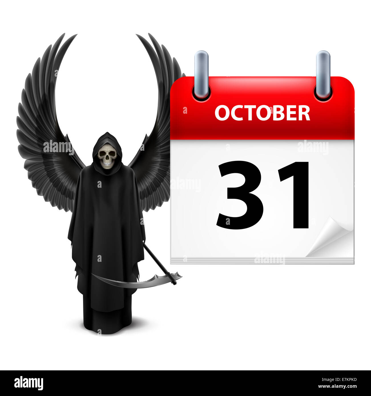 Grim Reaper mit Flügeln und Kalender am 31. Oktober über weiß. Halloween-Konzept Stockfoto