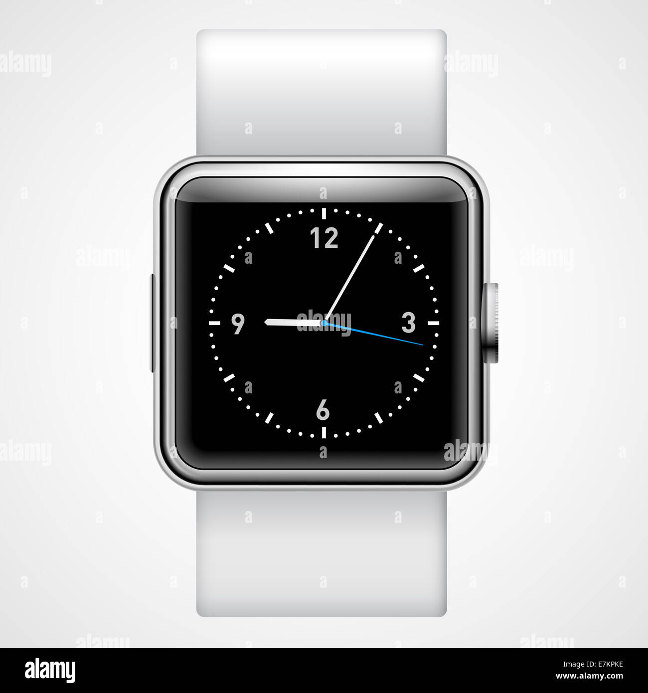 Intelligente analoge Armbanduhr mit schwarzen quadratischen Schirm auf dem weißen Hintergrund Stockfoto