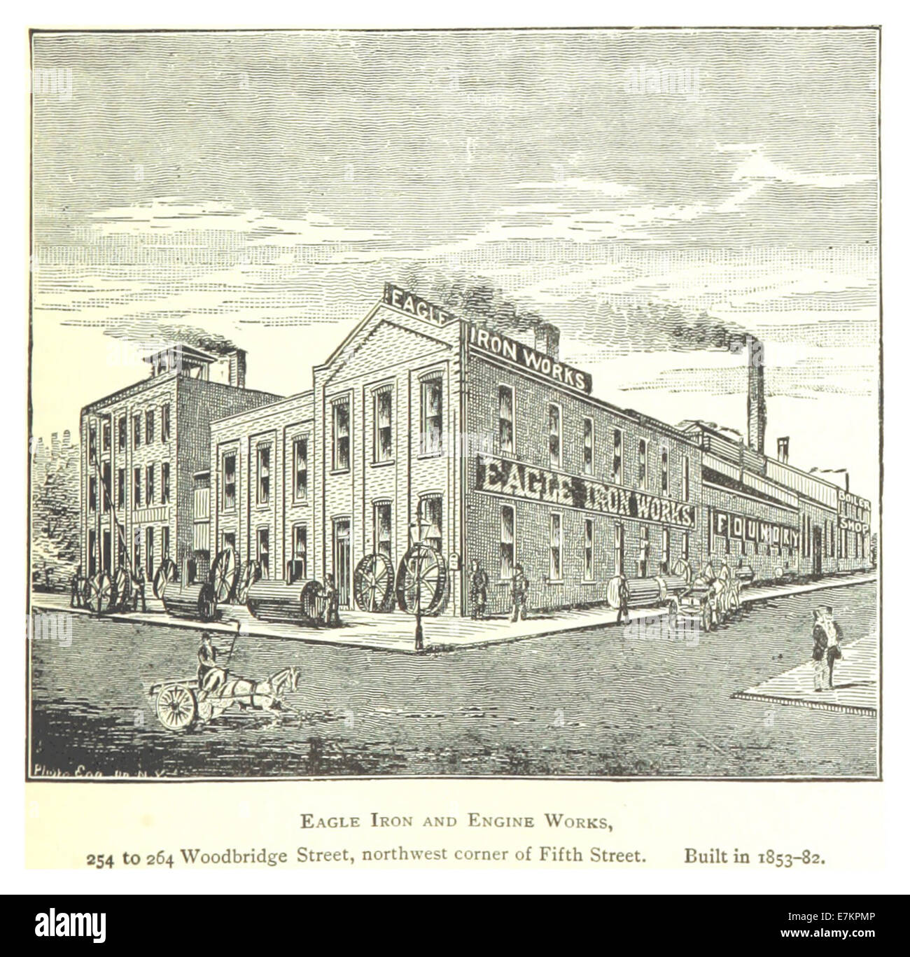 Eine Zeichnung aus dem Jahr 1884, die die Eagle Iron and Engine Works in Detroit zeigt, befindet sich an der 254-264 Woodbridge Street. Die zwischen 1853 und 1882 errichteten Werke spielten eine wichtige Rolle bei der industriellen Entwicklung Detroits. Stockfoto