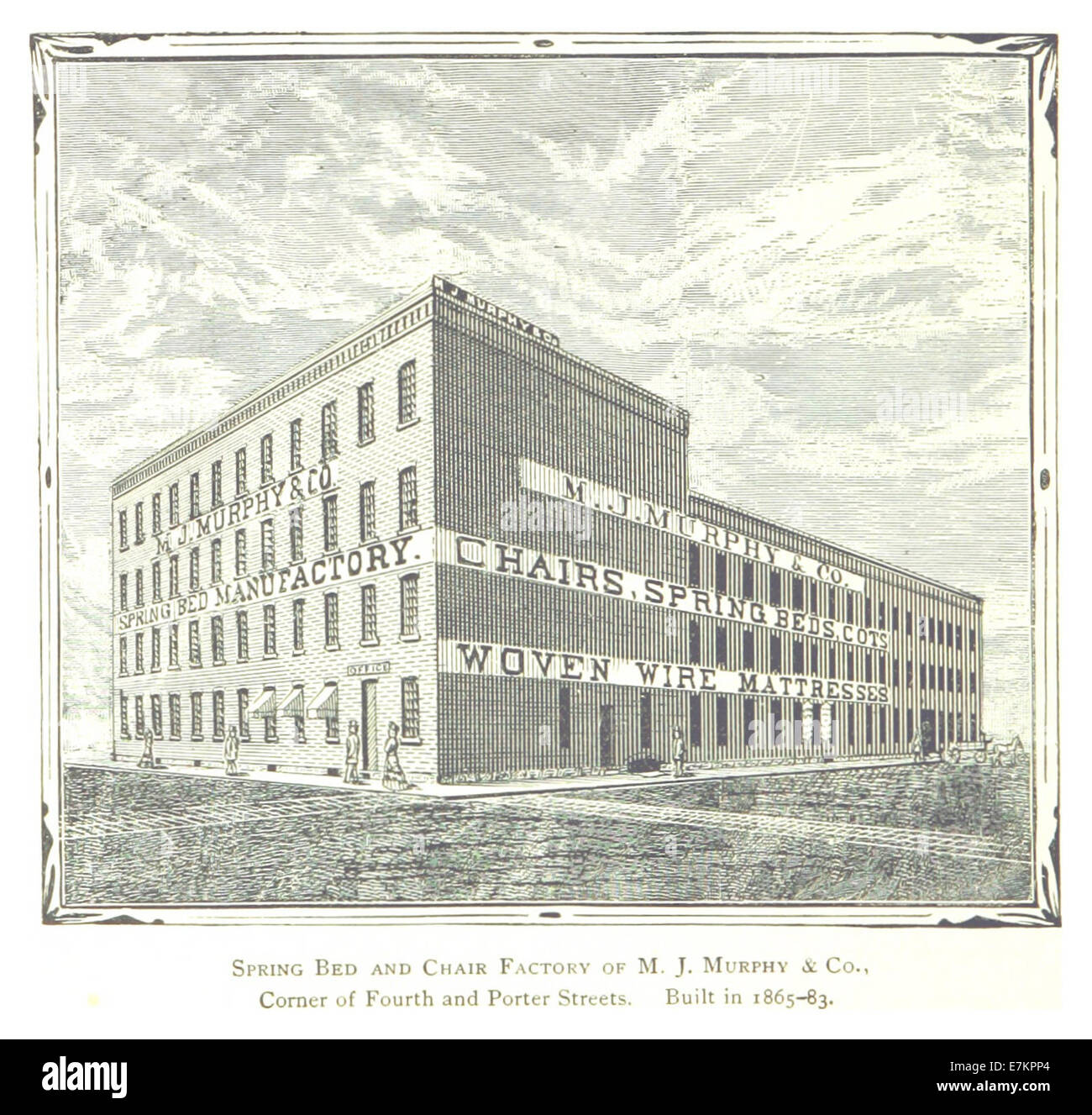 Eine Illustration aus dem Jahr 1884, die die Spring Bed and Chair Factory von M.J. Murphy & Co. An der Ecke Fourth Street und Porter Street in Detroit zeigt und zwischen 1865 und 1883 erbaut wurde. Stockfoto