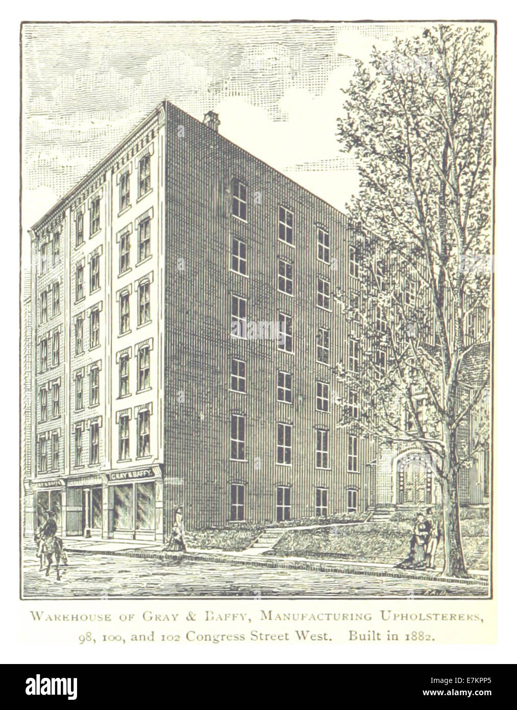 Diese Illustration von Farmer aus dem Jahr 1884 zeigt das Lagerhaus von Gray & Baffy in der 98-102 Congress Street West in Detroit, was das industrielle Wachstum und die kommerzielle Entwicklung der Stadt im späten 19. Jahrhundert verdeutlicht. Stockfoto