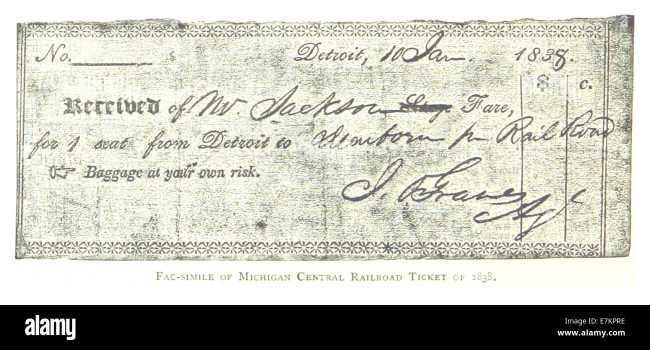 Ein 1884 erschienenes Faksimile aus Farmer’s Detroit, Seite 948, das ein Ticket der Michigan Central Railroad aus dem Jahr 1838 darstellt, das die frühe Verkehrsgeschichte beleuchtet. Stockfoto