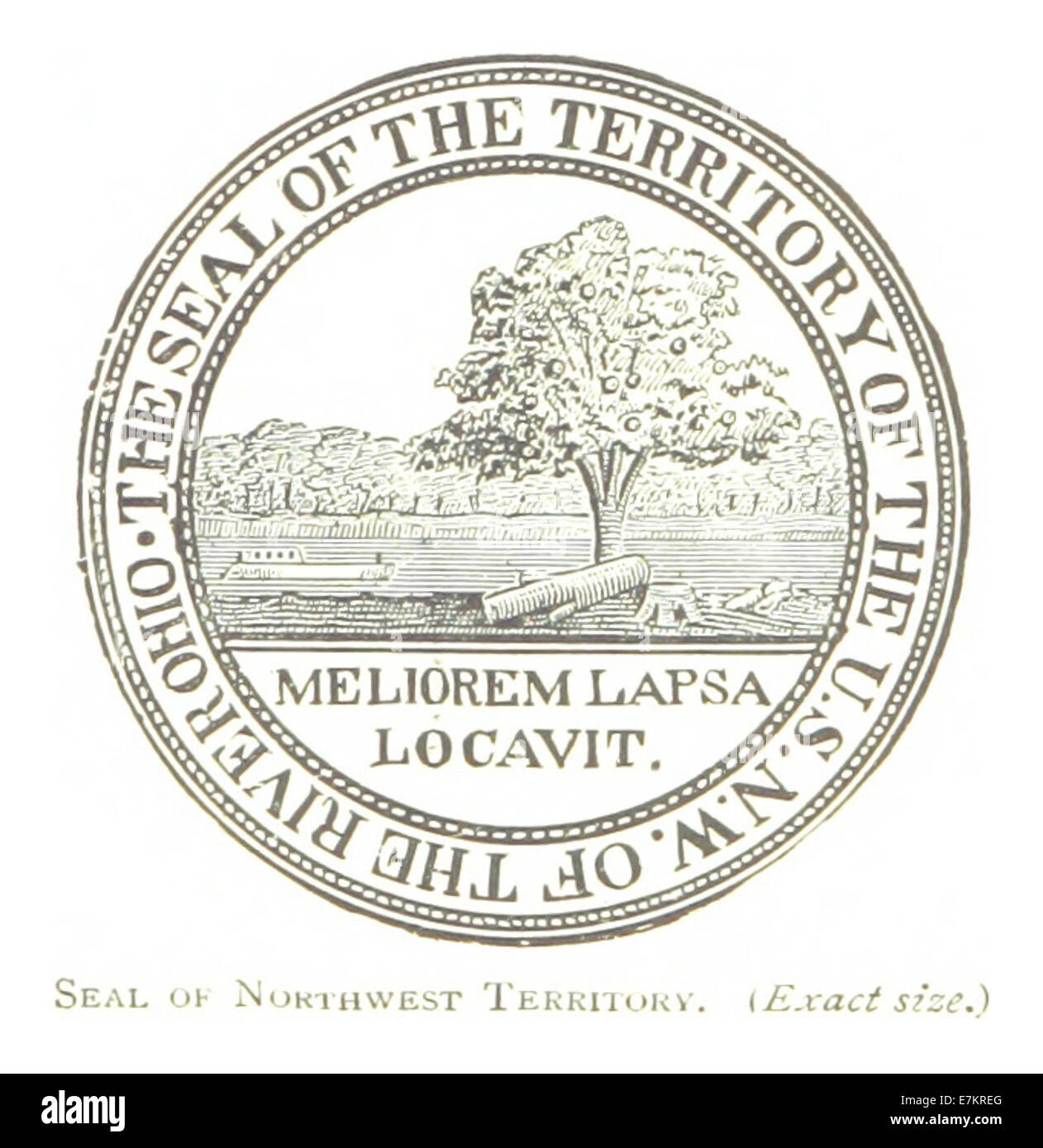 Eine Abbildung aus dem Jahr 1884 mit dem Siegel des Nordwestterritoriums, einem Symbol, das die historische Region Nordamerikas darstellt. Das Siegel spiegelt die territoriale Identität vor der Gründung der weststaaten der Vereinigten Staaten wider. Stockfoto