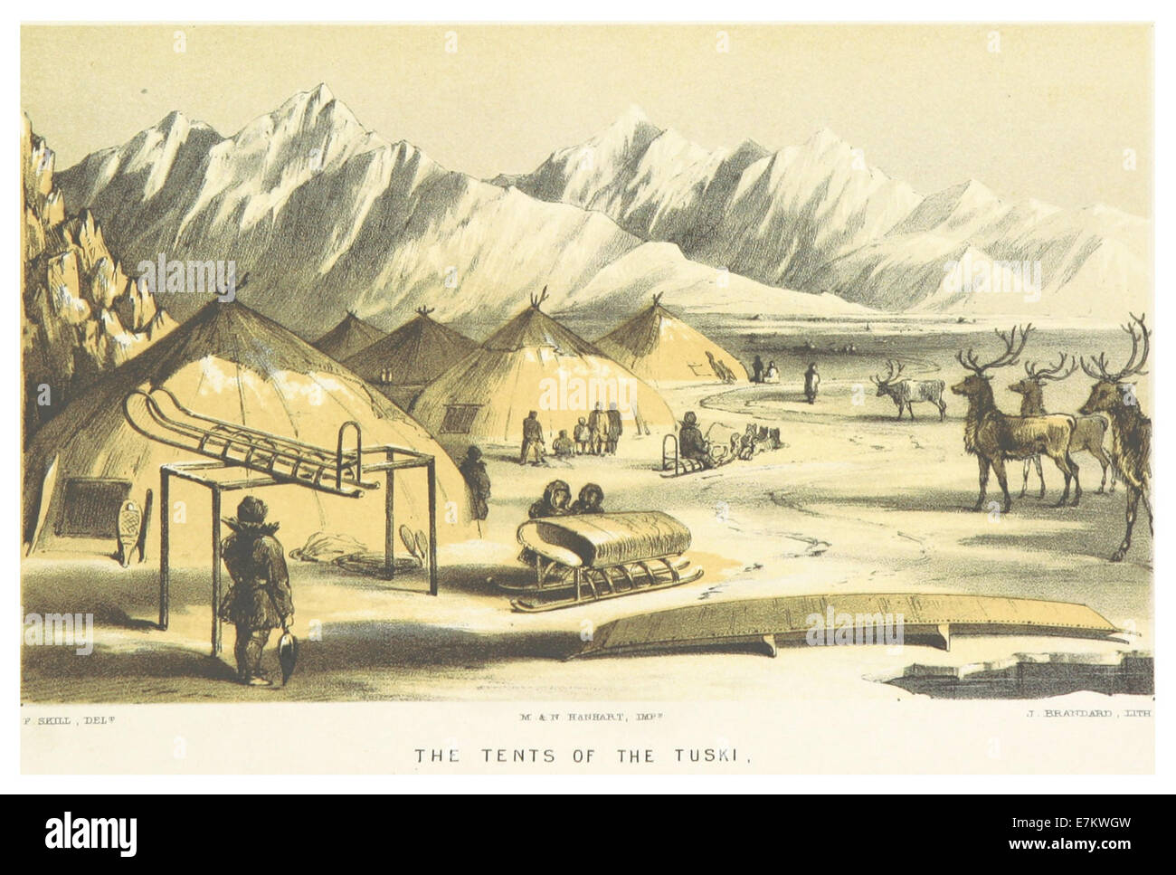 Eine Illustration aus dem Jahr 1853 aus Hooper, Seite 8, die die Zelte der Tuski, einer indigenen Gruppe aus Alaska, darstellt. Das Bild bietet einen Einblick in ihre traditionelle Lebensweise und zeigt ihre Wohnungen und ihre Umgebung. Stockfoto