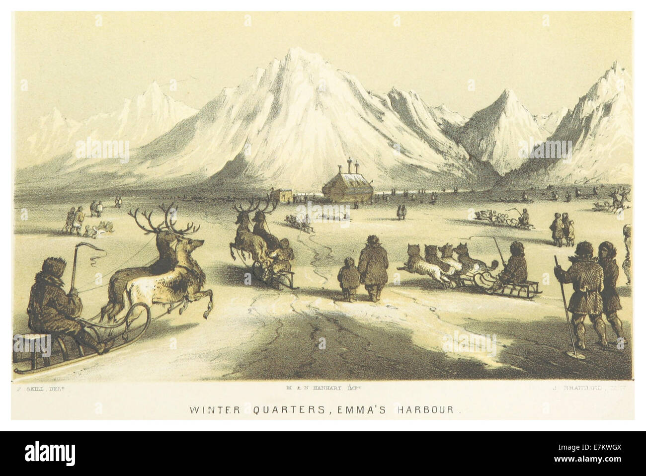 Diese Illustration von Hooper aus dem Jahr 1853 zeigt den Hafen von Emmas, einen Ort, der von den Tuskis als Winterquartier genutzt wurde. Das Bild spiegelt die schwierige Umgebung wider, mit der die Gruppe während der Wintersaison Mitte des 19. Jahrhunderts konfrontiert war. Stockfoto