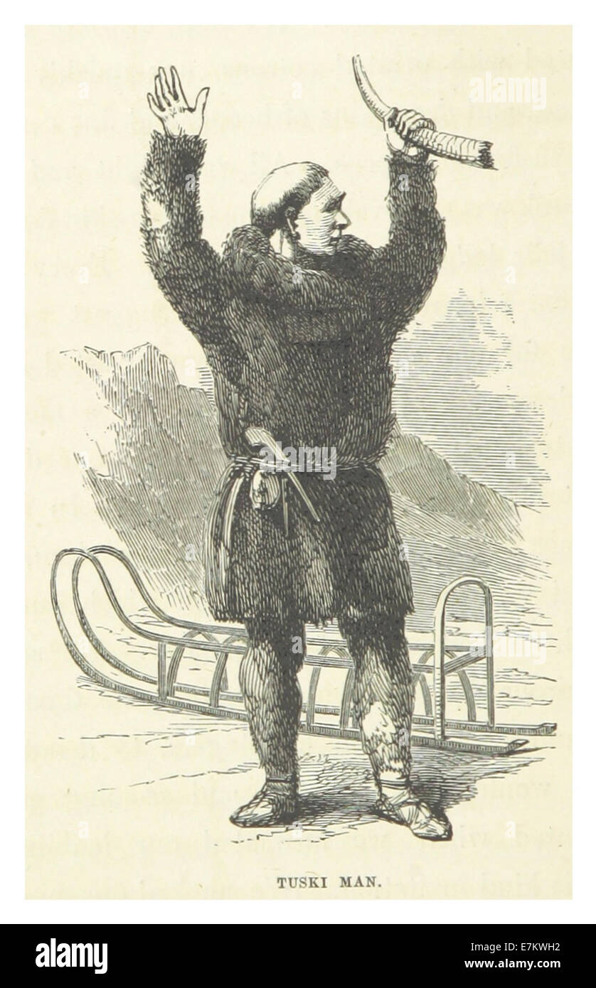 Dieser Entwurf von Hooper aus dem Jahr 1853 zeigt eine Darstellung eines Tuski-Mannes, der das kulturelle Erbe und die Kleidung der indigenen Völker Alaskas zeigt. Die Illustration ist eine wichtige Darstellung ethnographischer Studien des frühen 19. Jahrhunderts. Stockfoto