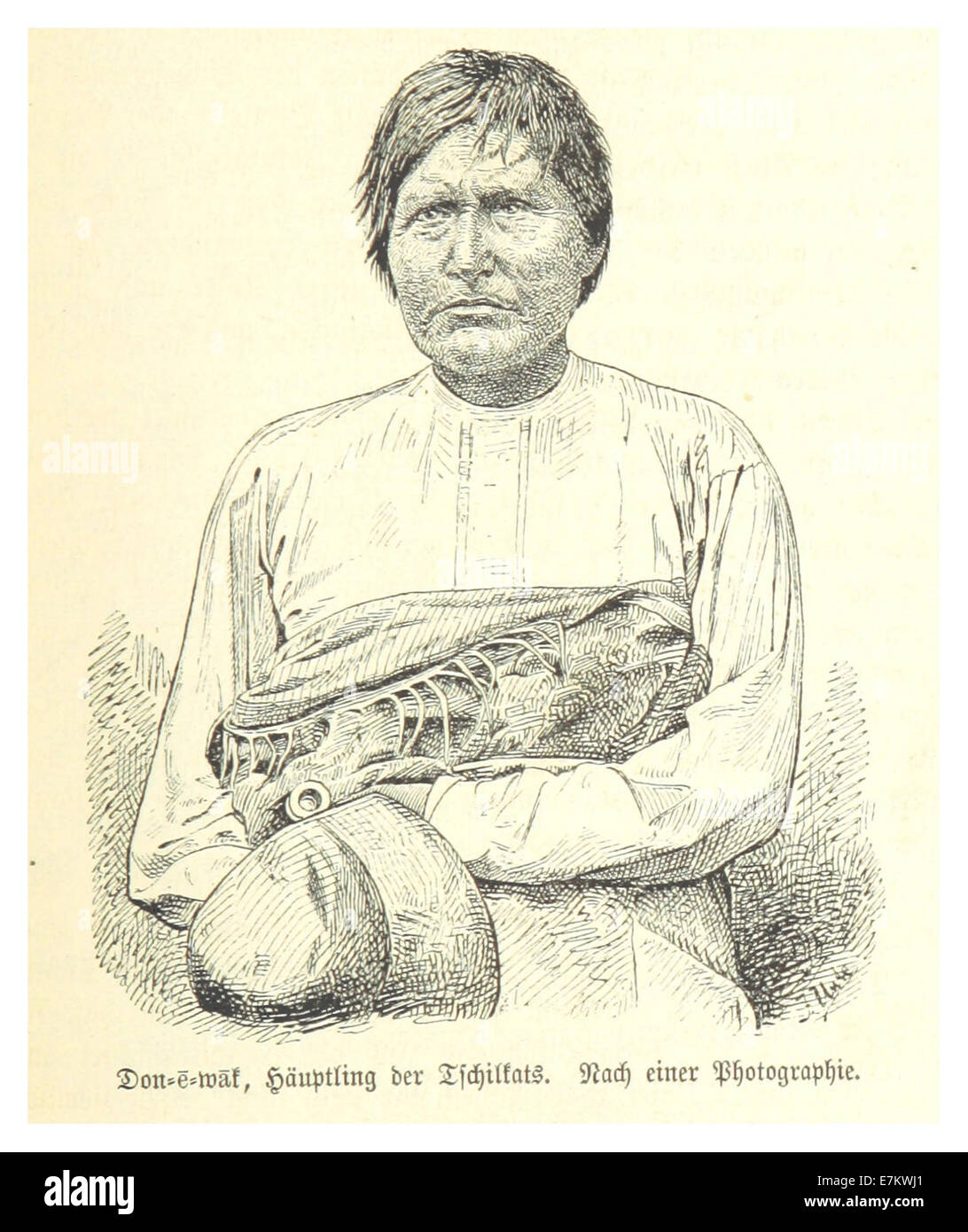 Diese Zeichnung von Krause aus dem Jahr 1885 zeigt „ein Hæuptling der Tschilkats“, wahrscheinlich eine Darstellung eines Anführers der Tschilkat-Indianer. Das Kunstwerk bietet einen Einblick in die indigene Kultur der Zeit. Stockfoto