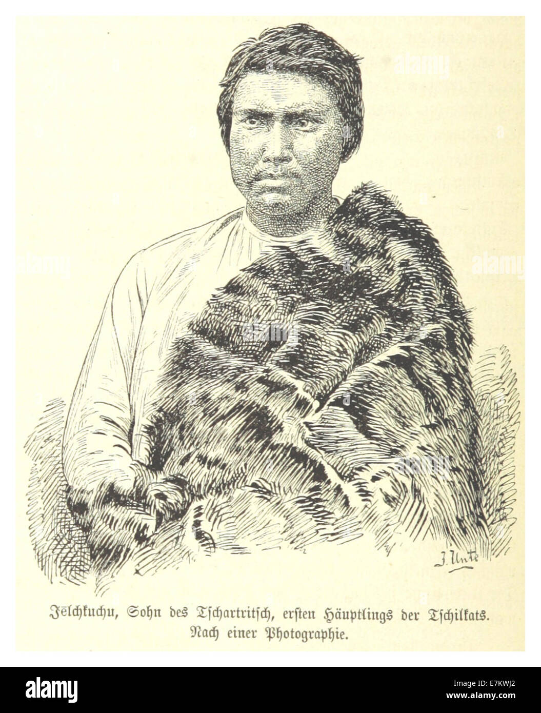 Eine Illustration von Krause aus dem Jahr 1885 mit dem Titel „ein Häuptlingssohn der Tschilkats“, die den Sohn eines Häuptlings aus dem Tschilkat-Stamm darstellt und die kulturelle Repräsentation der indigenen Bevölkerung betont. Stockfoto
