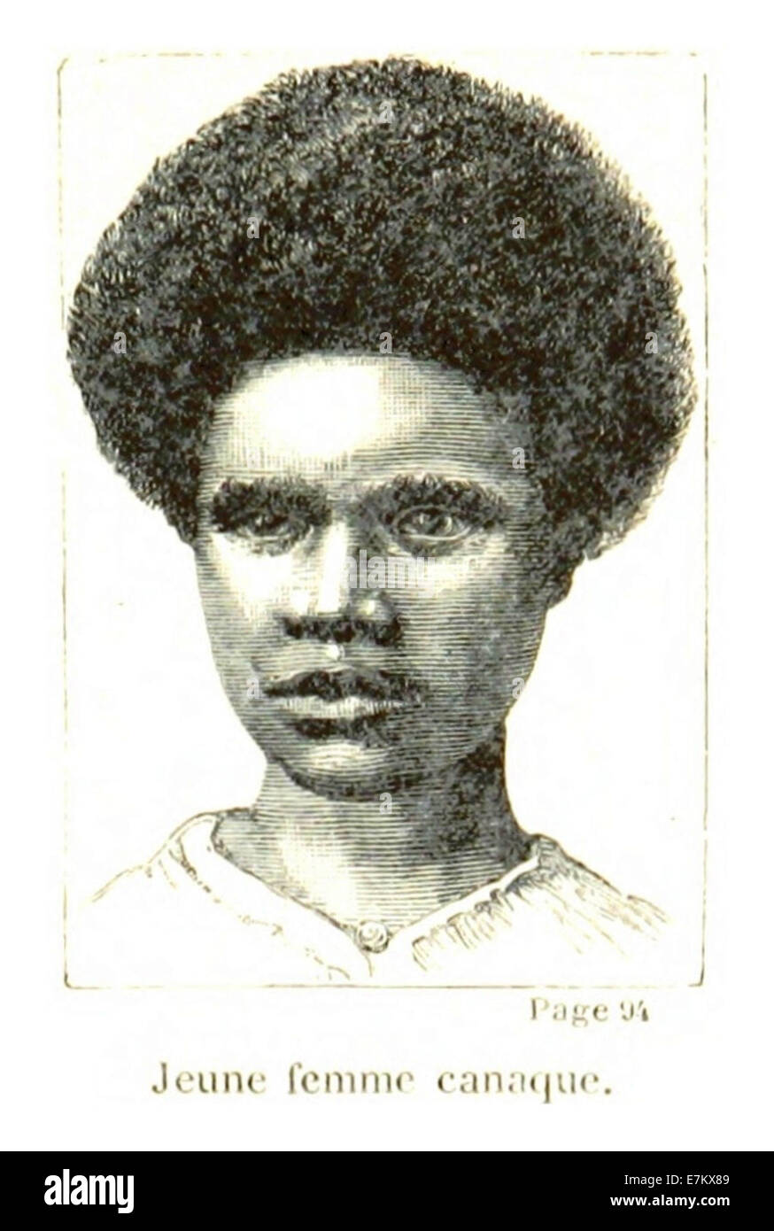 Eine Illustration von Lemire aus dem Jahr 1884, die eine junge Kanak-Frau darstellt und die traditionelle Kleidung und kulturelle Bedeutung der Kanak aus Neukaledonien festlegt. Dieses Kunstwerk spiegelt die indigene Kultur und den Lebensstil des späten 19. Jahrhunderts wider. Stockfoto