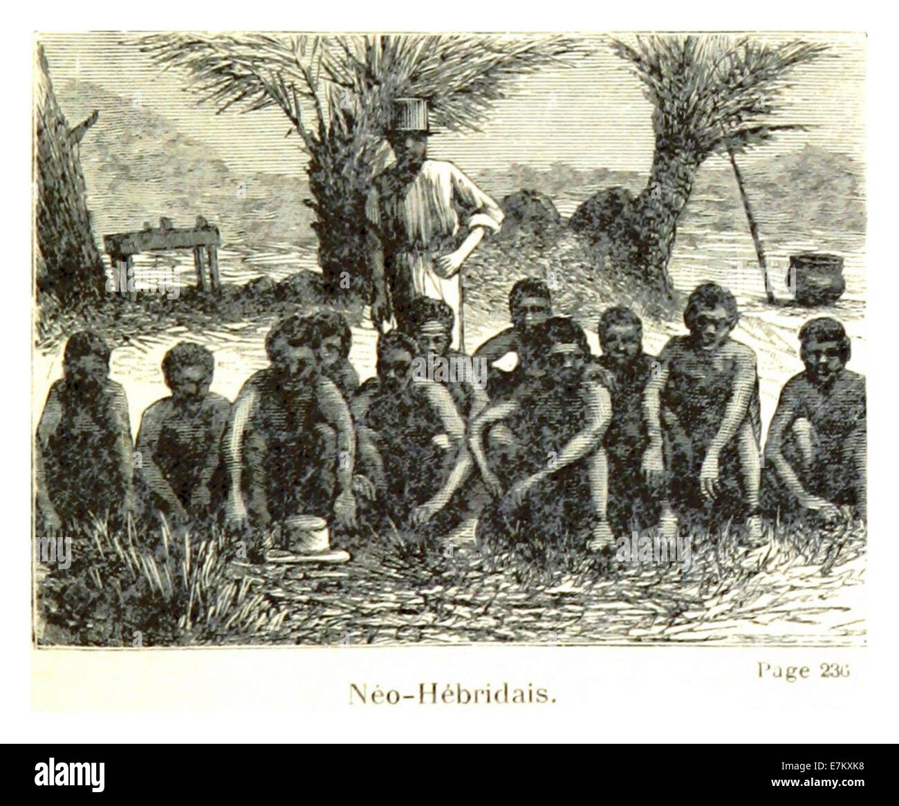 Diese Illustration von Lemire aus dem Jahr 1884 zeigt die Neuen Hebriden, die heute als Vanuatu bekannt sind. Die Zeichnung zeigt die Landschaft und die indigenen Merkmale der Inseln im 19. Jahrhundert und bietet einen Einblick in die Geographie und Kultur der pazifischen Inseln. Stockfoto