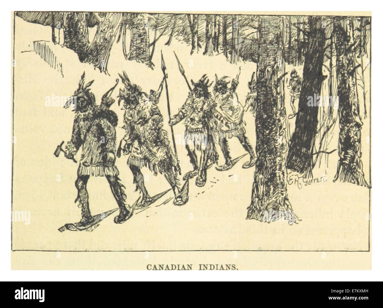 Eine Zeichnung von Mark Twain aus dem Jahr 1883, die kanadische Indianer darstellt. Diese Zeichnung ist eine Darstellung der indigenen Bevölkerung Kanadas, die ihre kulturellen und sozialen Merkmale der Zeit erfasst. Stockfoto