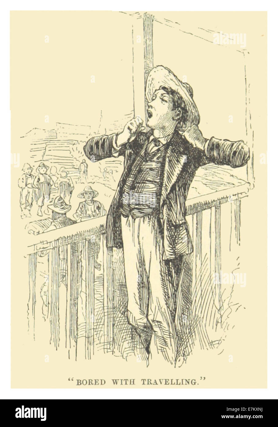 Diese Illustration von Mark Twain aus dem Jahr 1883 zeigt eine Szene seiner berühmten Reiseerlebnisse, die möglicherweise seine satirische Haltung zu Frustrationen und Monotonie des Reisens widerspiegelt. Die Zeichnung fängt Twains humorvolle und oft kritische Sicht auf das Reiseerlebnis ein. Stockfoto