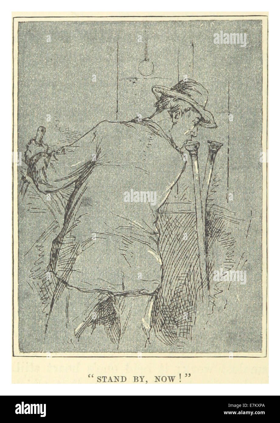Eine Illustration aus Mark Twains Werk aus dem Jahr 1883, die den Moment darstellt, der in dem Satz „Stand by, Now“ festgehalten wird. Diese Vintage-Skizze unterstreicht Twains scharfe Erzählung und seinen Witz. Stockfoto