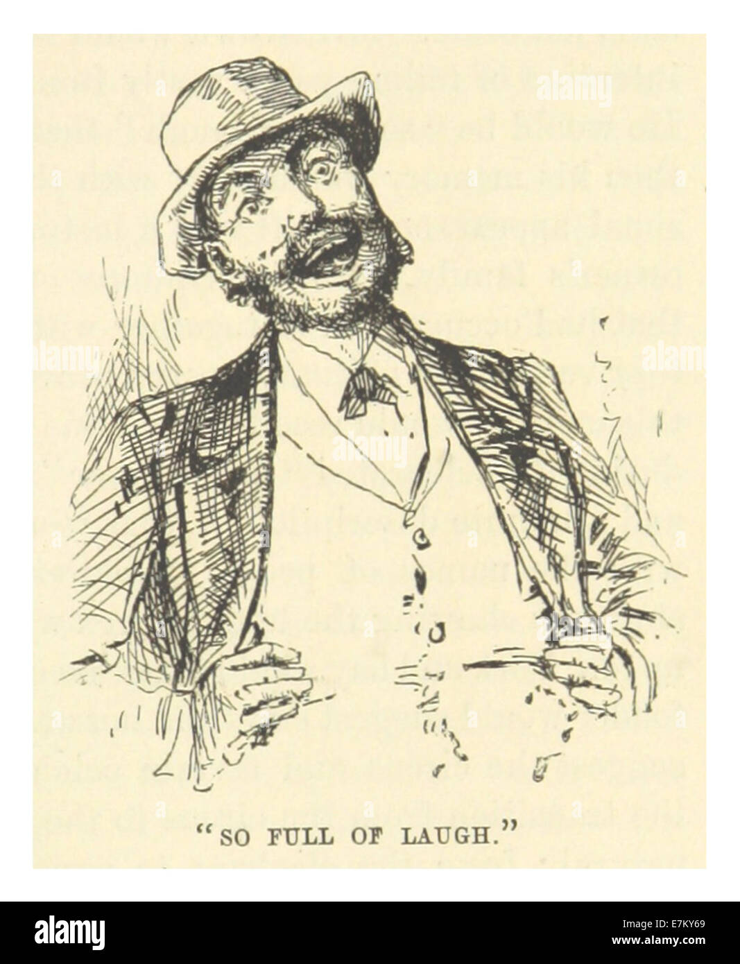 Eine Illustration aus Mark Twains Werk aus dem Jahr 1883, die eine Figur „so voller Lachen“ zeigt Diese Vintage-Zeichnung fängt Twains charakteristischen Humor und Witz in einem visuellen Format ein und spiegelt seinen literarischen Stil wider. Stockfoto