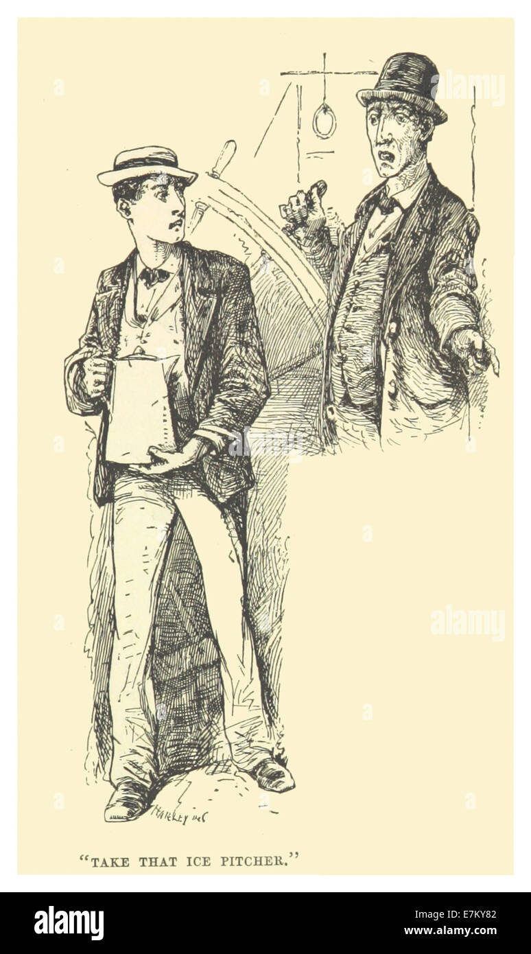 Mark Twains Illustration „Take That Ice-Pitcher“ aus dem Jahr 1883 stellt humorvoll ein Ereignis aus Twains literarischem Werk dar und bietet einen komödiantischen Moment aus seinem klassischen Erzählen. Stockfoto