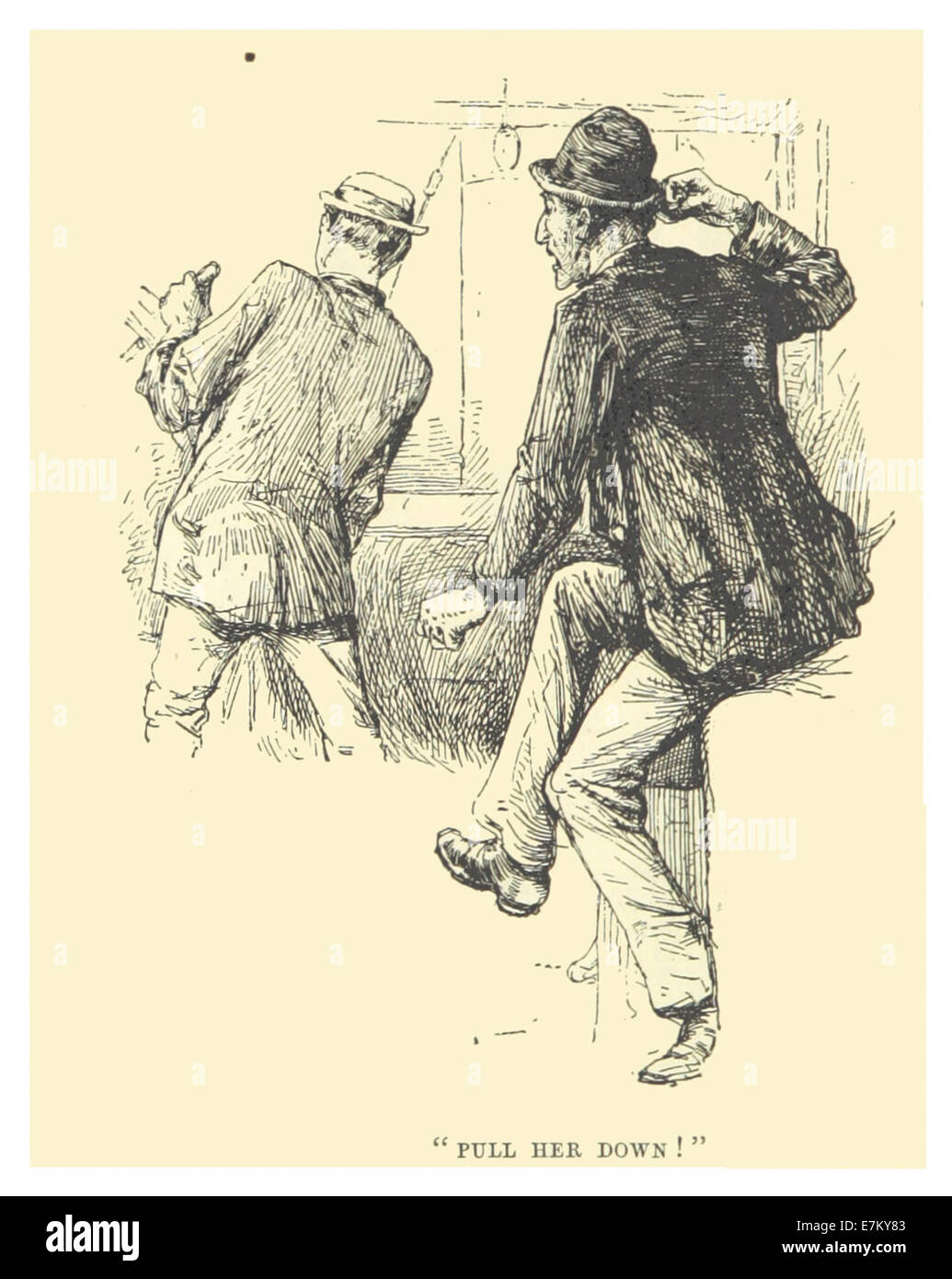 Diese Illustration aus Mark Twains Werken aus dem Jahr 1883 mit dem Titel „Pull her Down“ nimmt eine historische Szene oder ein Element aus Twains Schriften auf und bietet eine visuelle Darstellung der Erzählung. Stockfoto