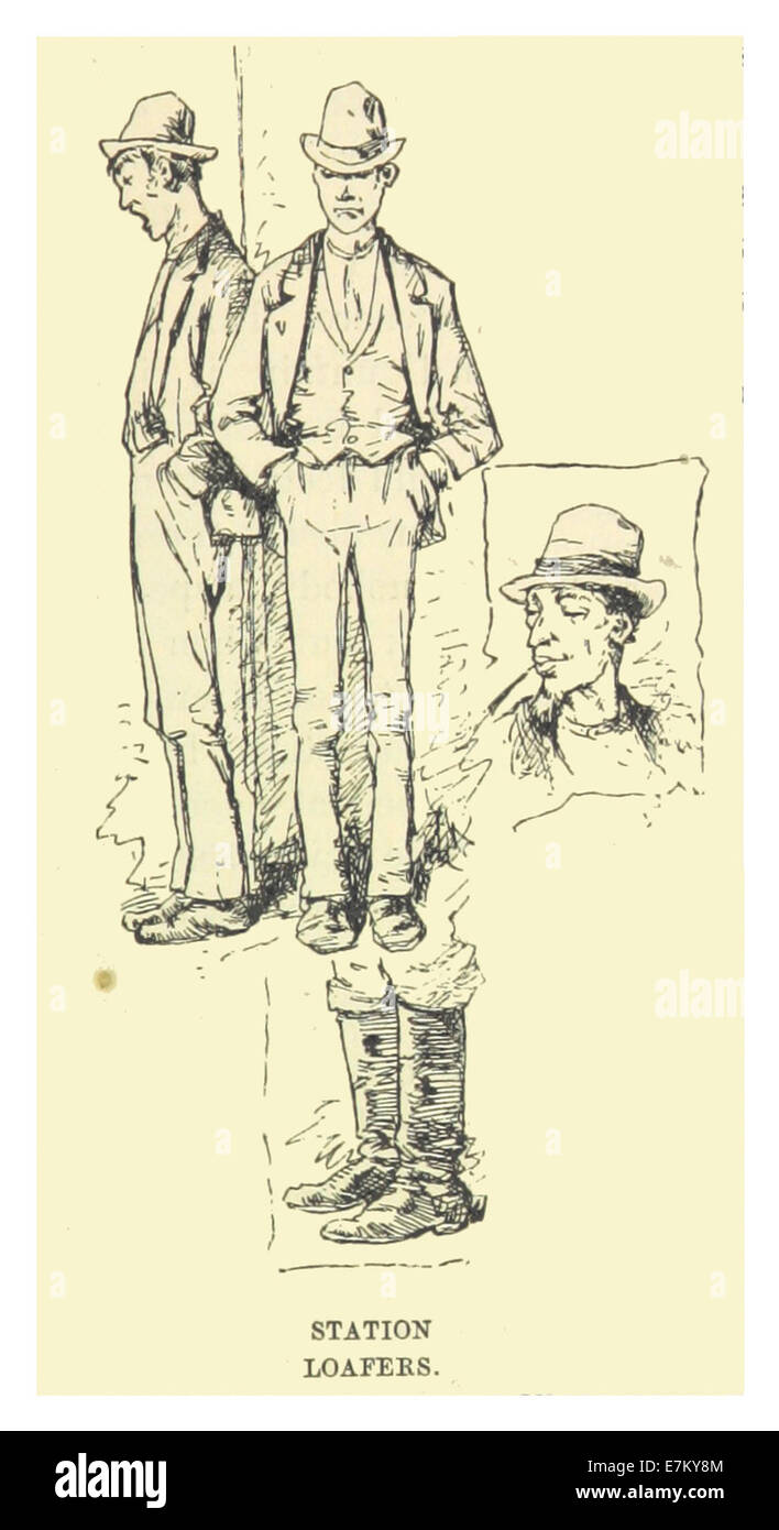 Diese Illustration von Mark Twain aus dem Jahr 1883 fängt humorvoll die Müßigkeit der Loafer an einem Bahnhof ein, eine typische soziale Szene im Amerika des 19. Jahrhunderts, und verbindet soziale Kommentare mit Twains Witz. Stockfoto