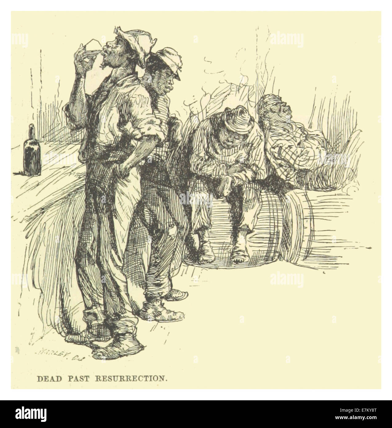 Diese 1883 entstandene Illustration aus Mark Twains Werken zeigt das Konzept der „Dead Past Resurrection“, in der eine Szene aufgenommen wird, die Themen der Erinnerung und Geschichte untersucht, wie sie durch Twains Erzählen und künstlerische Interpretation dargestellt werden. Stockfoto