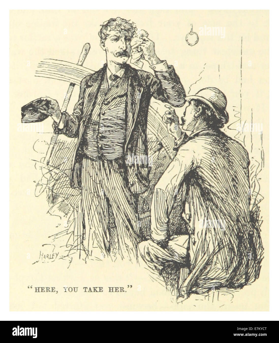 Eine Illustration aus Mark Twains Werk aus dem Jahr 1883, die einen humorvollen oder dramatischen Moment mit dem Titel „hier, du nimmst sie“ zeigt. Die Szene spiegelt wahrscheinlich Twains eigenen Erzählstil und Witz wider, wobei er sich auf die amerikanische Kultur und Gesellschaft konzentriert. Stockfoto