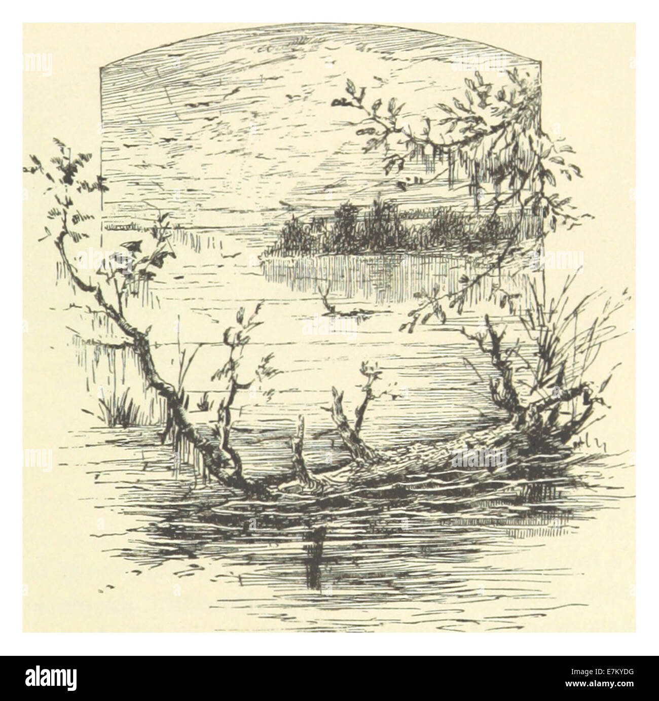 Diese Zeichnung von Mark Twain aus dem Jahr 1883 fängt die Einsamkeit eines Flusses ein und reflektiert die Themen der Isolation und Introspektion. TWAIN’ Skizze ist Teil seiner literarischen Auseinandersetzung mit amerikanischen Landschaften und ihren emotionalen Verbindungen. Stockfoto