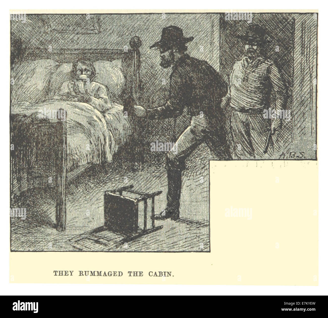 Eine Illustration aus Mark Twains Werk aus dem Jahr 1883, die eine Szene darstellt, in der Charaktere durch eine Hütte stöbern und einen Moment des Abenteuers und der Entdeckung im unverwechselbaren Erzählstil des Autors festhalten. Stockfoto