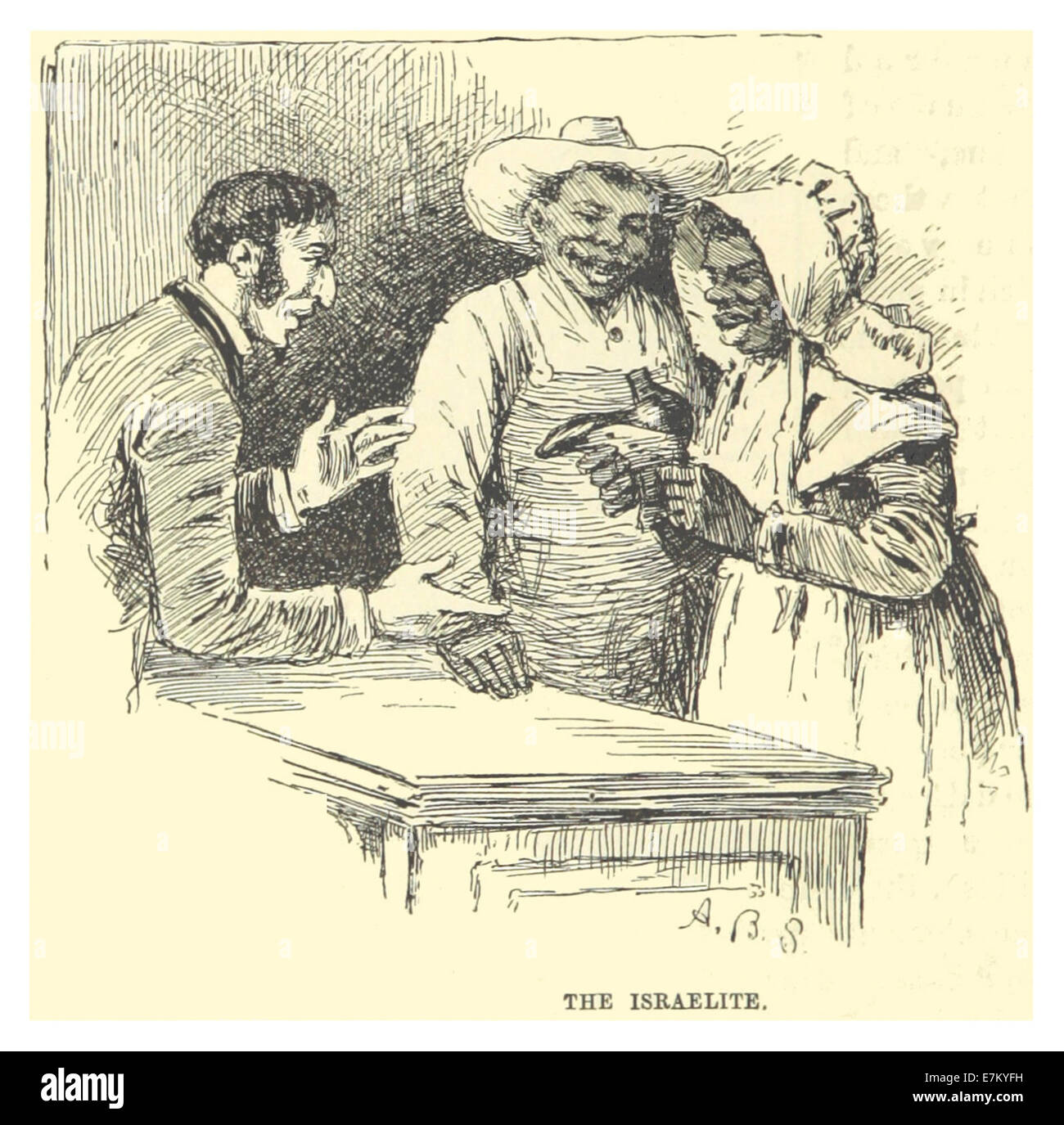 Diese 1883 von Mark Twain (p375) aus „The Israelite“ gefertigte Illustration bietet eine satirische und historische Darstellung des jüdischen Lebens, die mit Twains charakteristischem Humor und gesellschaftlicher Kritik in Einklang steht. Stockfoto