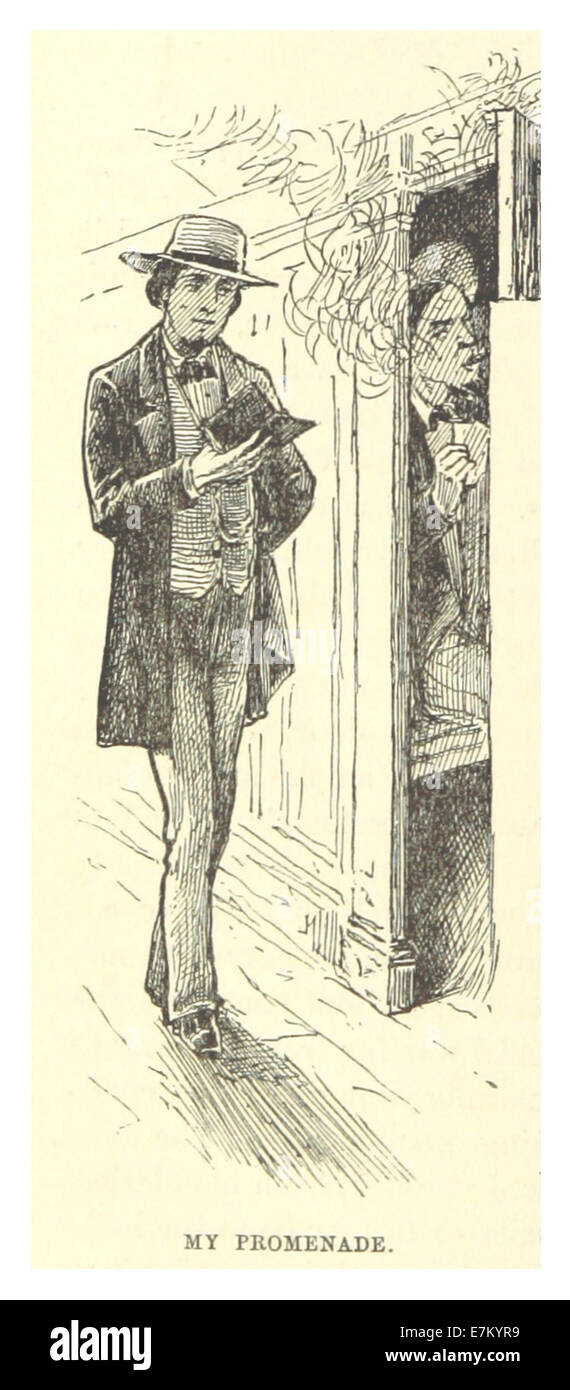 Eine Zeichnung von Mark Twain aus dem Jahr 1883 mit dem Titel *My Promenade*, die seine Überlegungen auf einem Spaziergang oder einer Reise zeigt. Die Skizze unterstreicht Twains Stil des beobachtenden Humors und des scharfen Auges für Details in alltäglichen Szenen. Stockfoto