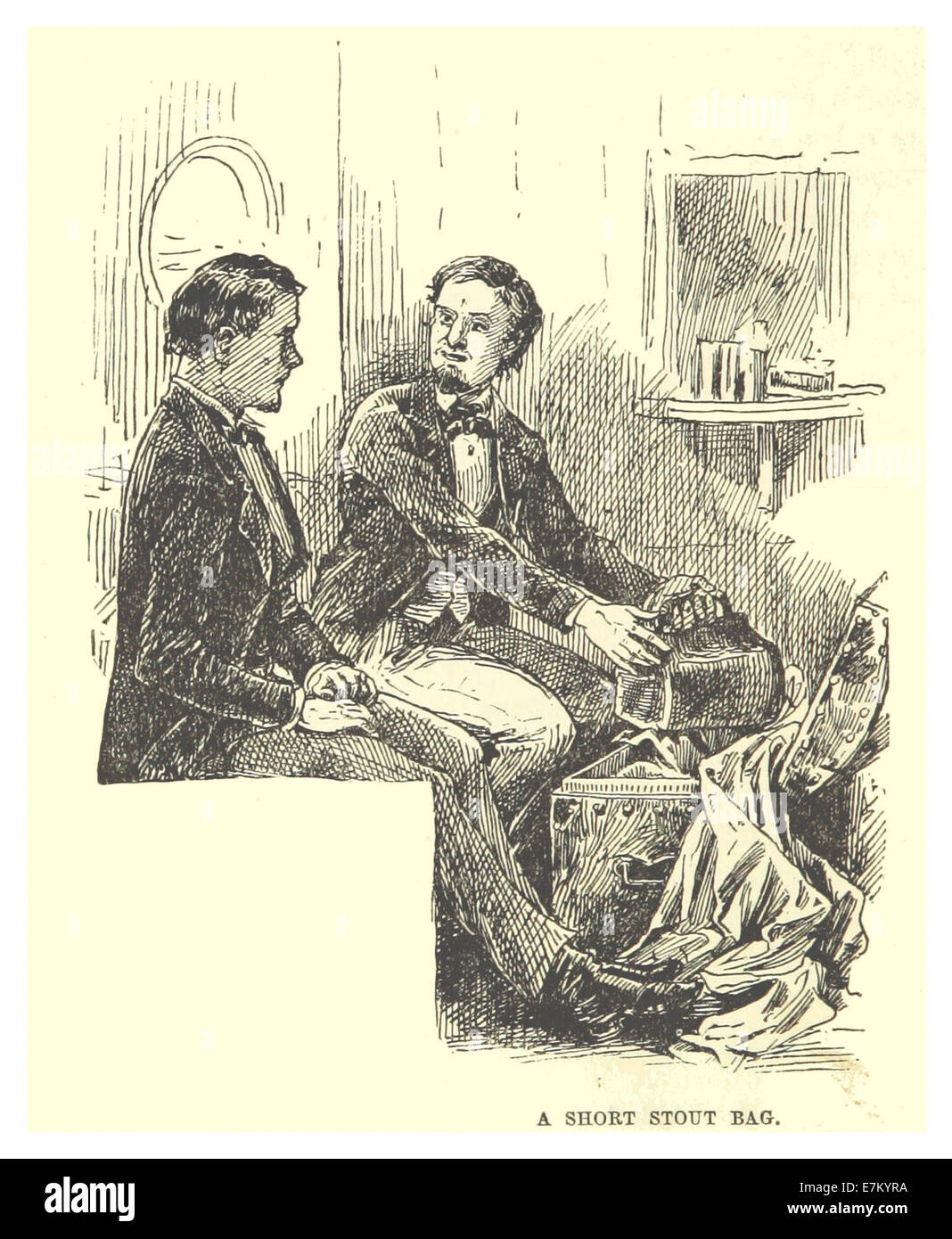 Diese Illustration von Mark Twain aus dem Jahr 1883 zeigt eine humorvolle und lässige Darstellung einer kurzen, robusten Tasche. Das Kunstwerk ist typisch für Twains Witz und Stil und spiegelt seinen Umgang mit Alltagsgegenständen in einer unbeschwerten Weise wider. Stockfoto