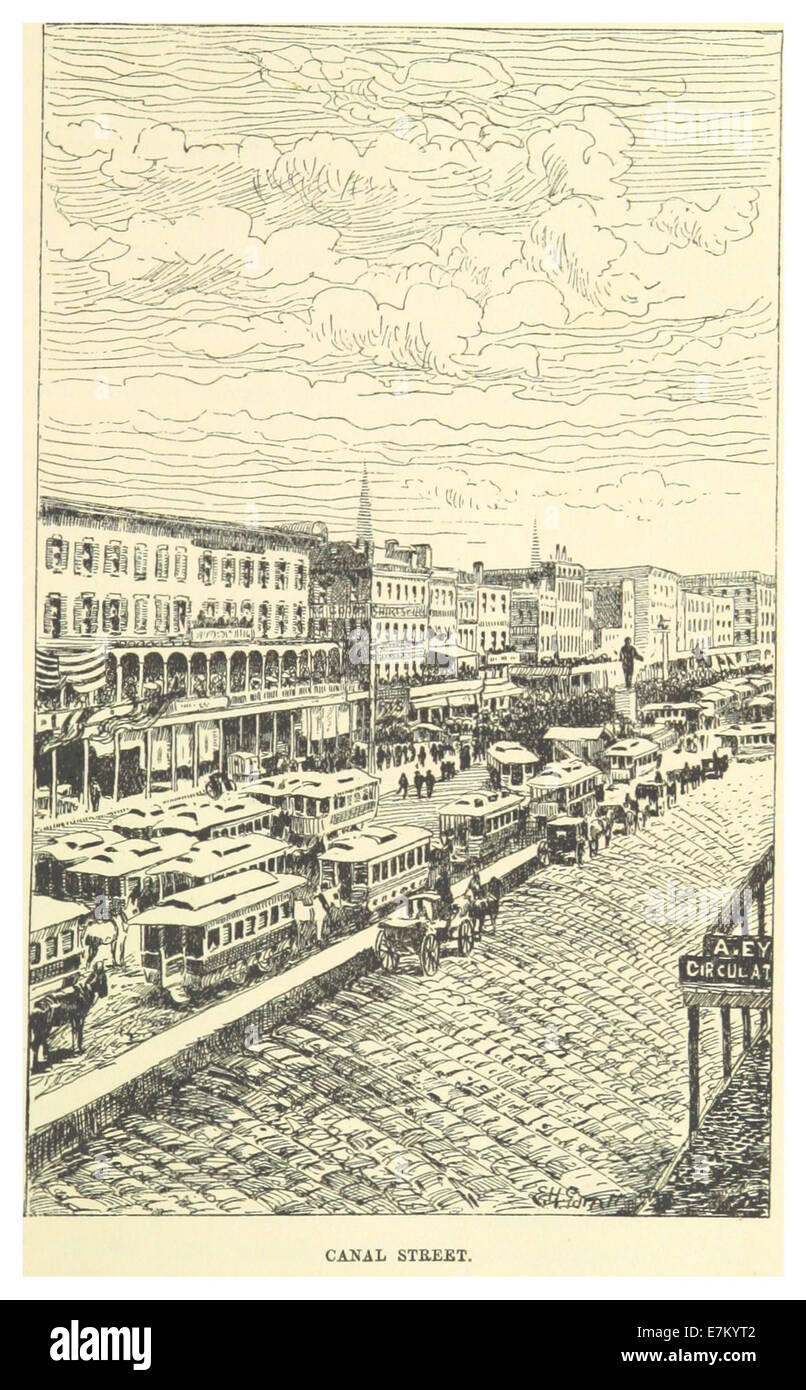 Diese 1883 von Mark Twain gefertigte Illustration zeigt die Canal Street und erfasst die geschäftige Aktivität und Architektur von New Orleans im 19. Jahrhundert. Stockfoto