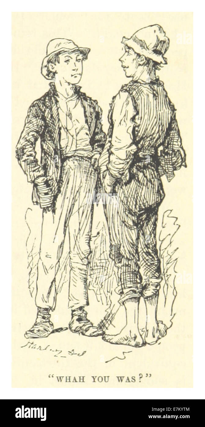 Eine Illustration aus dem Jahr 1883 von *Mark Twain*, Seite 455, mit dem Titel *WHAH YOU WAS*. Das Bild hebt den Humor und den Dialekt hervor, der in Twains Schriften verwendet wurde und die Sprachmuster seiner Charaktere reflektiert. Stockfoto