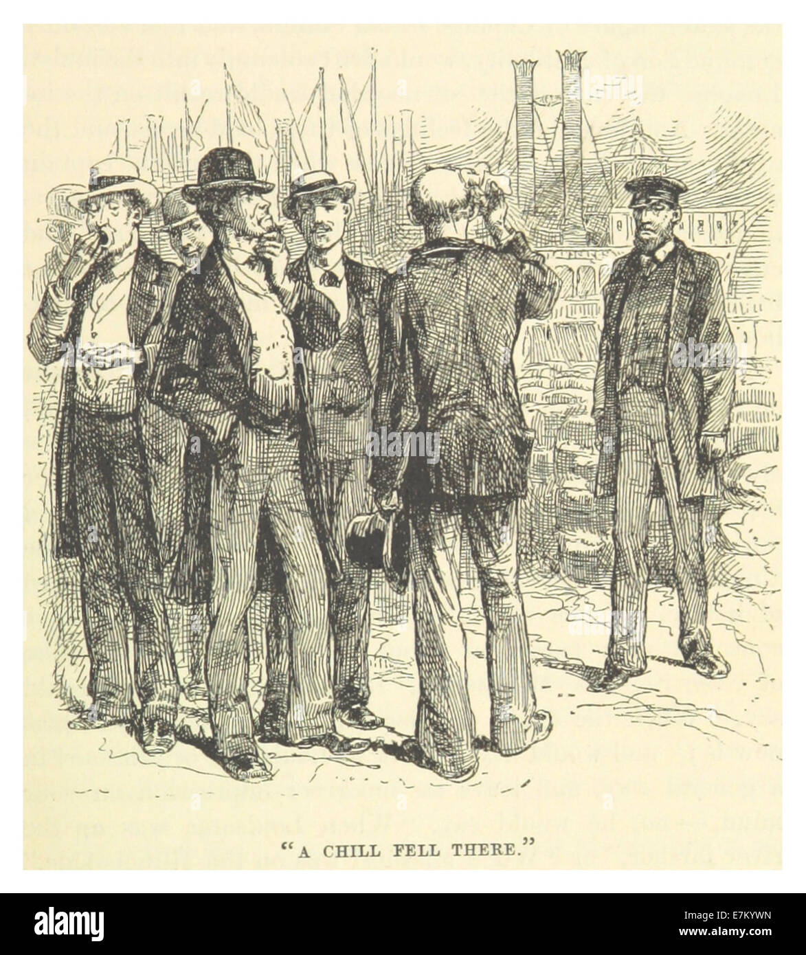 Eine Skizze von Mark Twain aus dem Jahr 1883 mit dem Titel *A Chill Fell There*, die seinen unverkennbaren Humor und seine scharfen Beobachtungen über die menschliche Natur und das Leben einfängt. Diese Zeichnung ergänzt Twains literarisches Werk mit visuellem Witz. Stockfoto