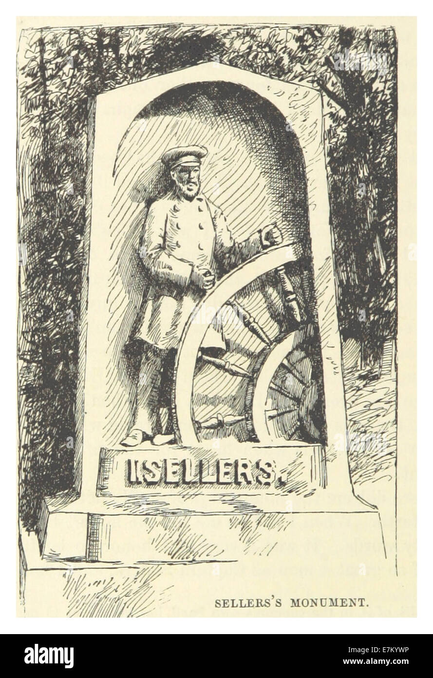 Diese Illustration aus dem Werk von *Mark Twain* 1883 zeigt das Sellers's Monument, ein wichtiges Bauwerk, das wahrscheinlich an eine historische Figur oder ein Ereignis aus Twains Ära gebunden ist. Stockfoto