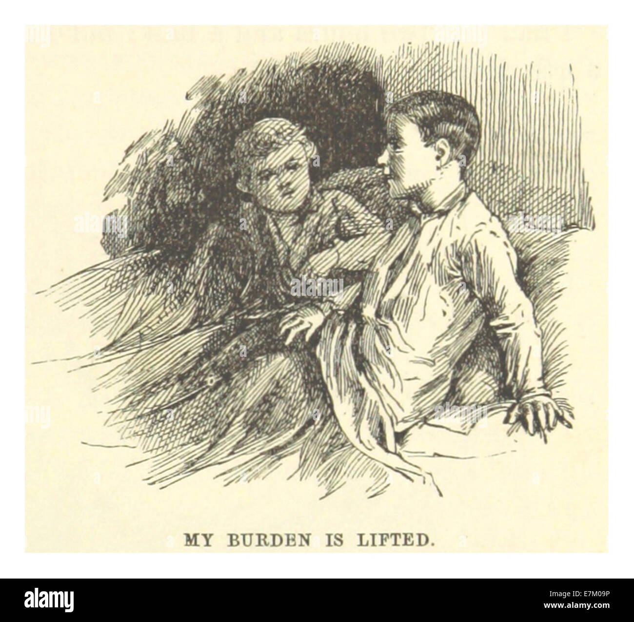 Diese Illustration von Mark Twains Werk aus dem Jahr 1883 spiegelt die literarischen Themen Freiheit und Befreiung wider, wobei der Schwerpunkt auf dem emotionalen Gewicht in seinem Schreiben liegt, das möglicherweise eine persönliche oder gesellschaftliche Belastung darstellt. Stockfoto