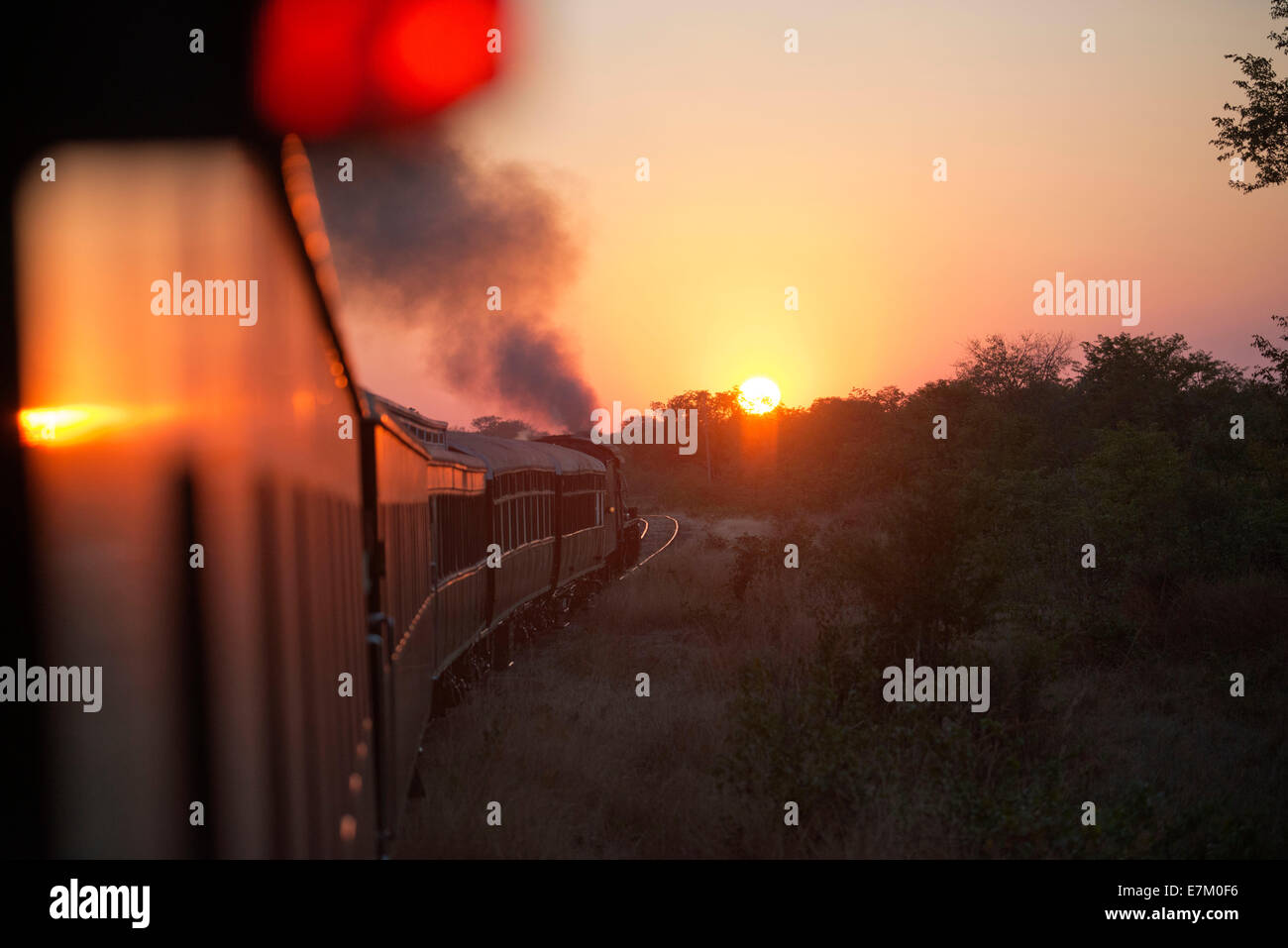 Sonnenuntergang in der Royal Livingstone Express Luxuszug. Die Dampflokomotive 156 ist eine 10. Klasse ursprünglich Zugehörigkeit zu den Zamb Stockfoto