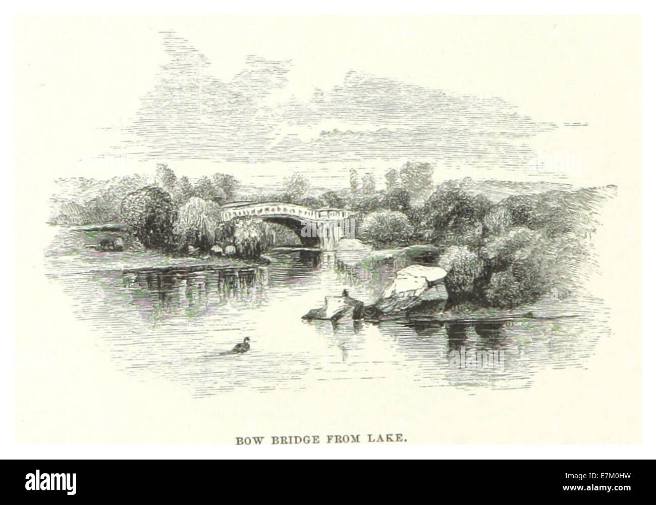 Diese Zeichnung aus dem Jahr 1869 erfasst die Bow Bridge im Central Park, New York, vom See aus und zeigt die ikonischen architektonischen Merkmale der Brücke und ihren Platz in der Gestaltung des Parks während des späten 19. Jahrhunderts. Stockfoto