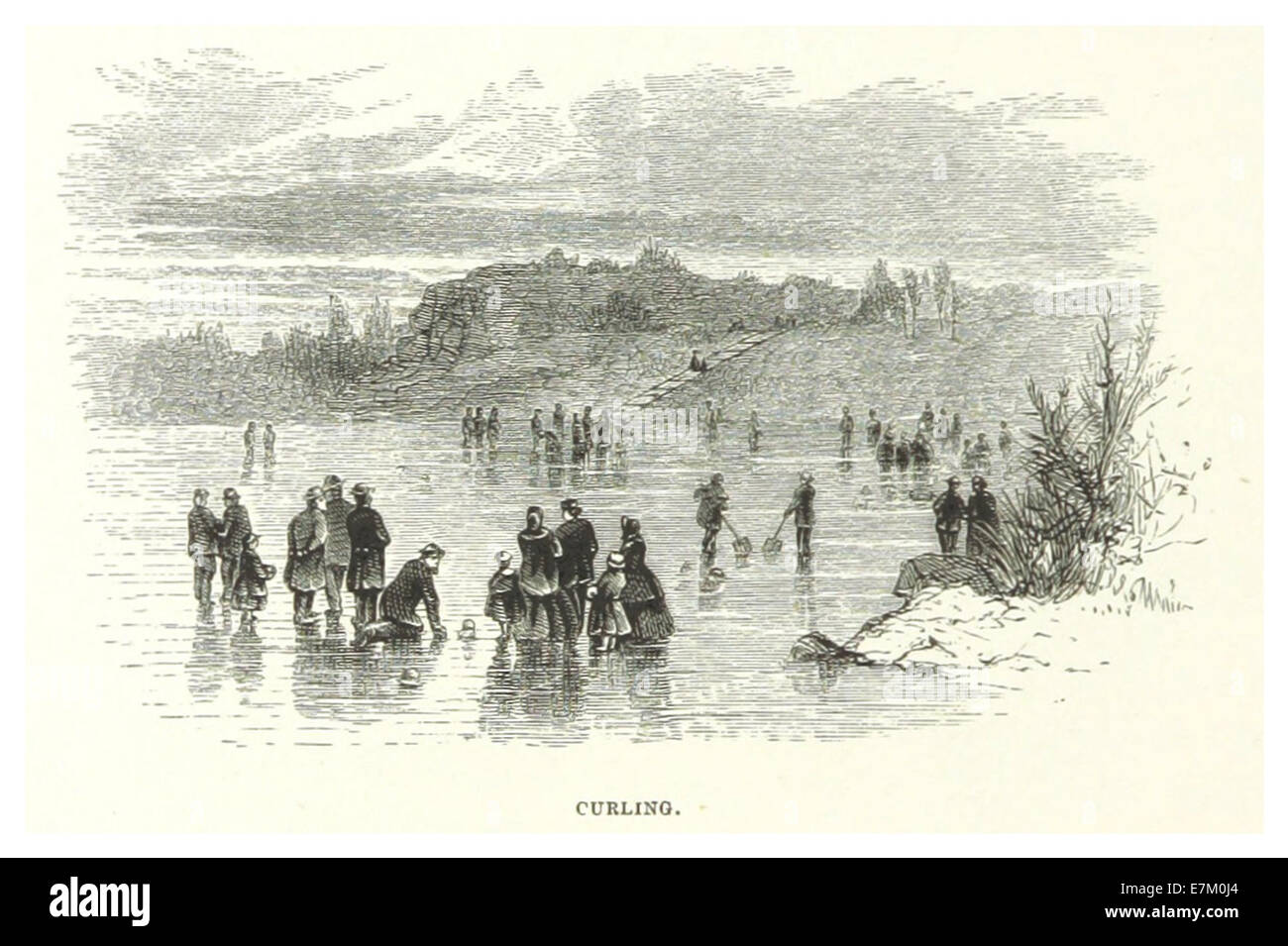 Diese Abbildung aus dem Jahr 1869 zeigt ein Curling-Match im Central Park, New York, bei dem ein Wintersportereignis im öffentlichen Park der Stadt gezeigt wird. Stockfoto