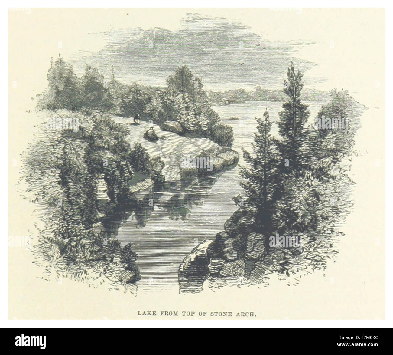 Diese Skizze aus dem Jahr 1869 zeigt den Blick auf einen See im Central Park, New York, von der Spitze des Steinbogens aus gesehen, und veranschaulicht das ikonische Landschaftsdesign des Parks. Stockfoto