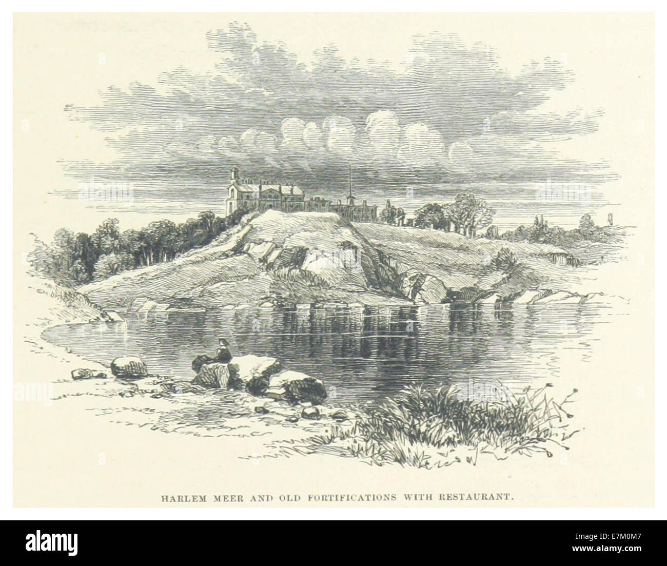 Eine Illustration von Harlem Meer aus dem Jahr 1869 und der alten Befestigungsanlagen im Central Park mit einem Restaurant in der Nähe des Wahrzeichens. Stockfoto