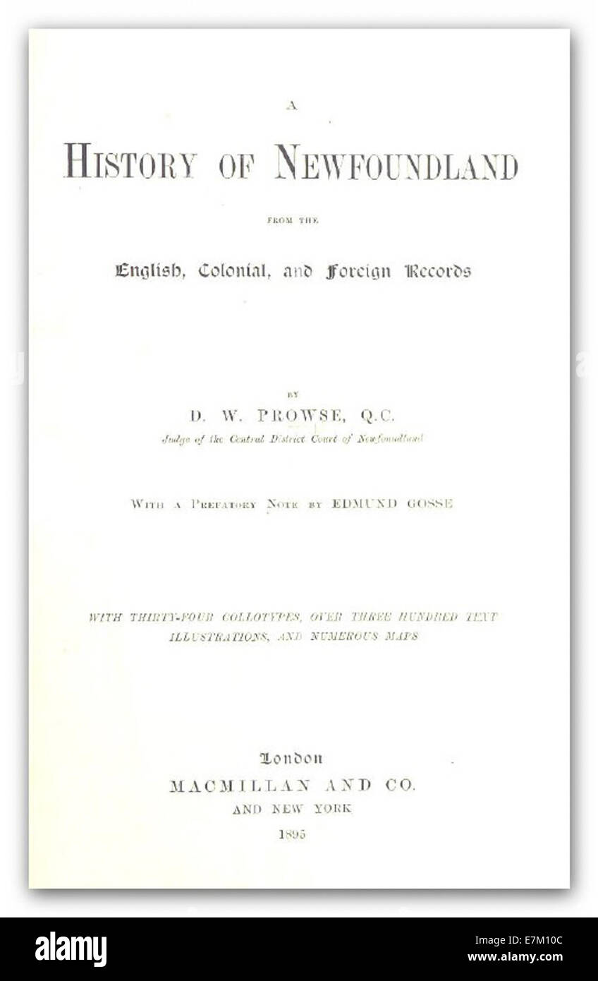 Eine Illustration aus Prowses „Geschichte Neufundlands“ aus dem Jahr 1895, die Darstellungen der frühen Siedlungen und historischen Ereignisse der Insel enthält. Die Zeichnung trägt dazu bei, die Entwicklung Neufundlands durch Karten und künstlerische Interpretationen zu dokumentieren. Stockfoto