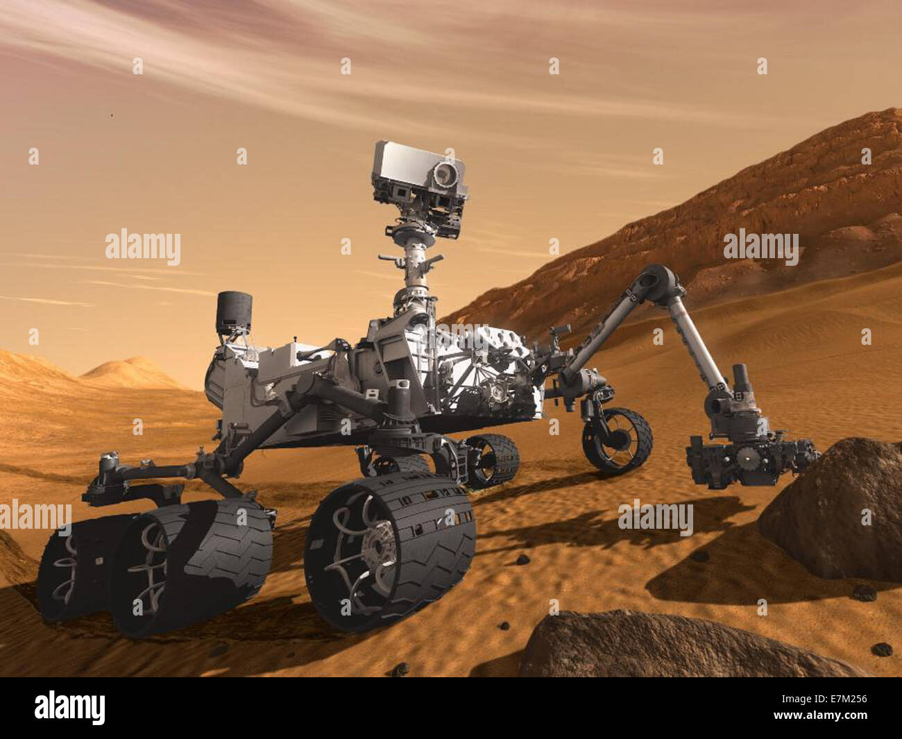 Das Mars Science Laboratory (MSL) ist eine 2011 startete NASA-Mission, die die Oberfläche des Mars erforscht. Er trägt den Curiosity rover, um das Klima, die Geologie und das Potenzial für das vergangene Leben des Planeten zu untersuchen. Die Mission liefert weiterhin wertvolle Daten, um zukünftige menschliche Explorationen auf dem Mars zu unterstützen. Stockfoto