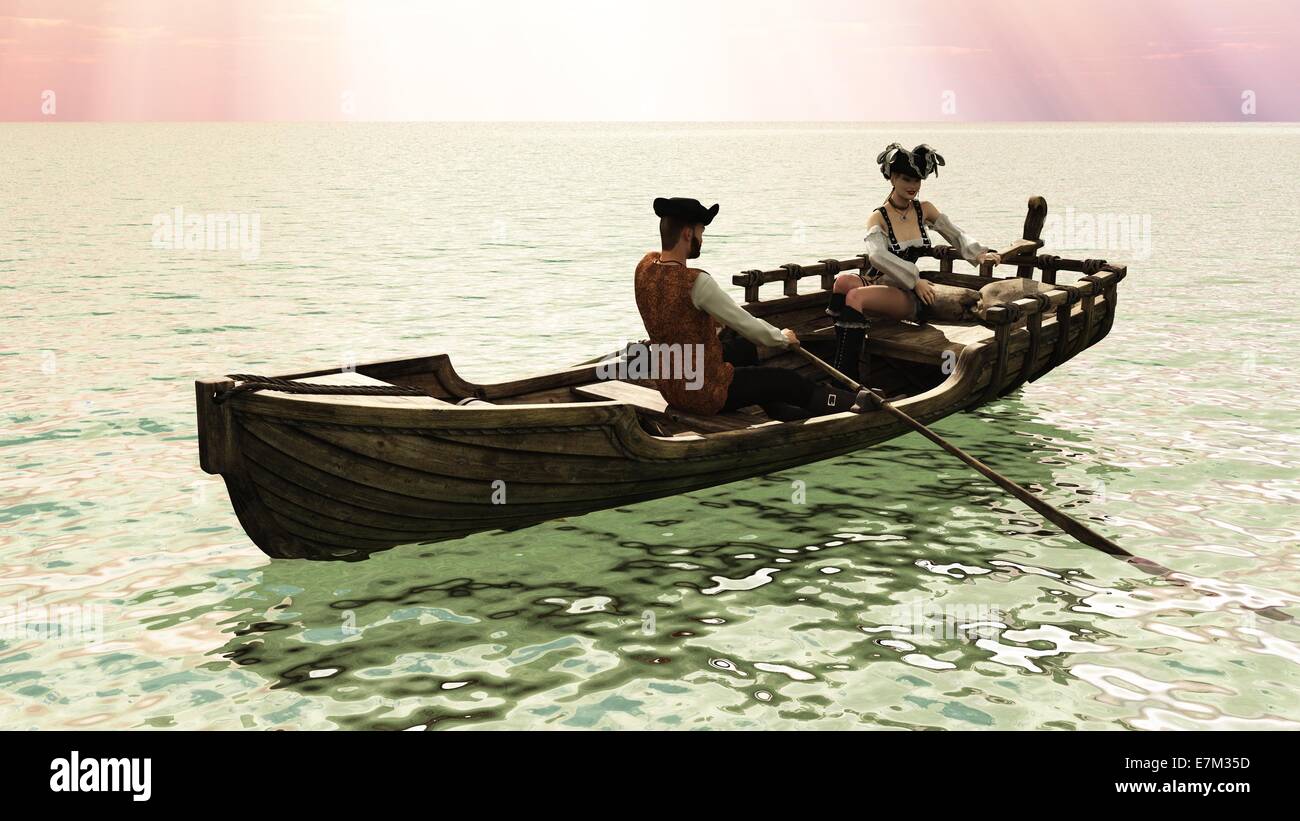 Weibliche Piraten in knappen Kostümen am Ruder während bärtigen männlichen Begleiter die Rudern im Ruderboot gegen rosa Himmel zieht Stockfoto