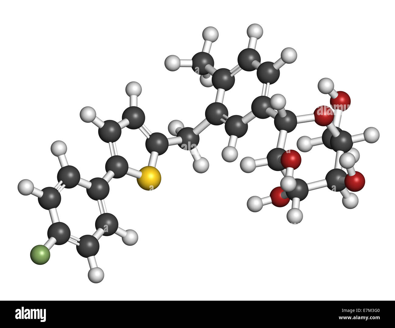 Canagliflozin Diabetes Wirkstoffmolekül. SGLT2-Hemmer für die Behandlung von Typ-II-Diabetes. Atome sind vertreten, wie wi Sphären Stockfoto